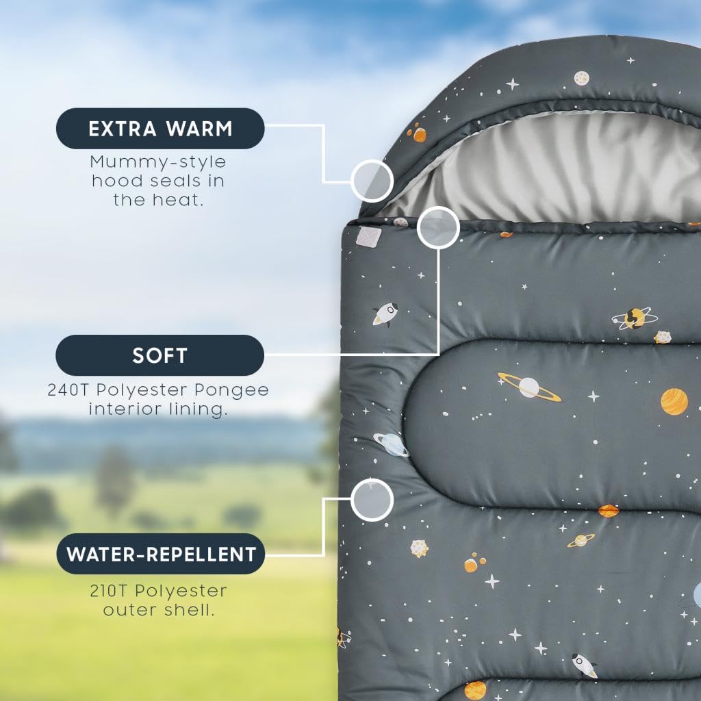 Wake In Cloud - Kids Sleeping Bag for Boys Toddlers, Camping in Warm Cold Weather, Backpacking Lightweight Compact Outdoor Liner for 3 Seasons, Galaxy Space, Gray