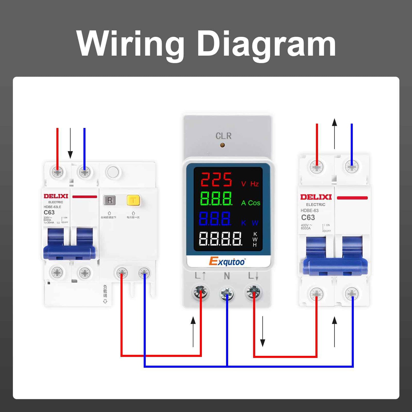 Exqutoo Multi-Function Energy Meter Color Digital Energy Meter - Measurement of AC Volts, Amps, Hertz, Watts, PF and Kilowatt-Hours - GT2P-E, AC 80~270V, 0~100A, 0~25KW, 50/60Hz, Rail-Mounted Meter
