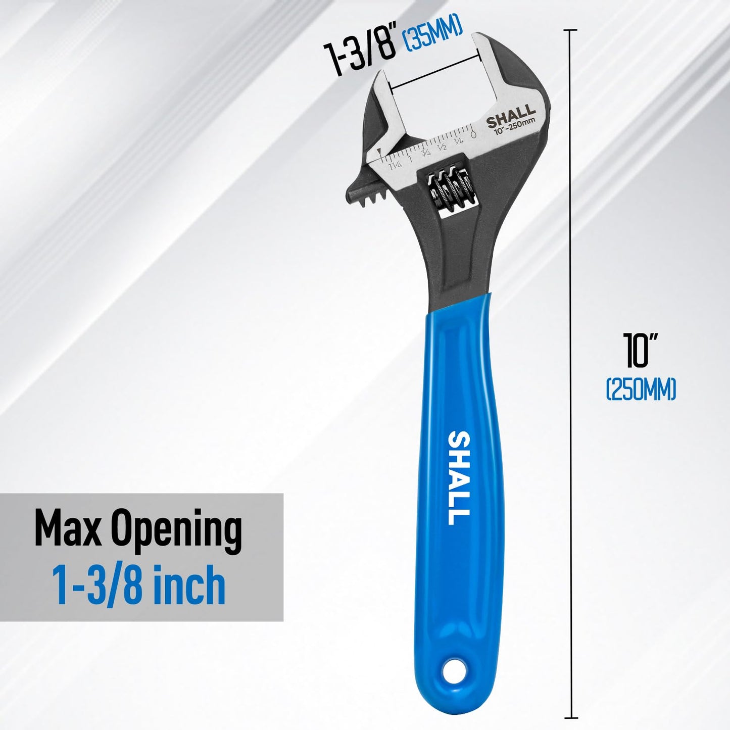 SHALL 10 Inch Adjustable Wrench, Cr-V Steel Spanner with Cushion Grip, Wide Jaw Black Oxide Wrench with Laser-etched SAE Scales for Home, Garage, Workshop and DIY