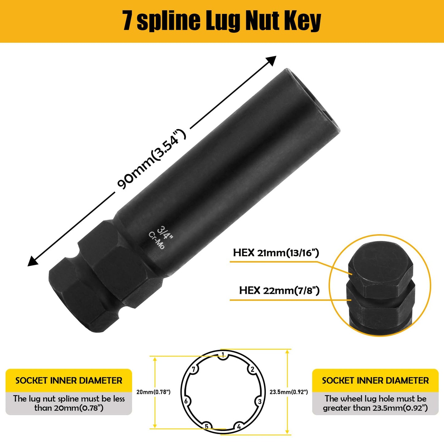 REBRA 6 Spline & 7 Spline Lug Nut Socket Set, Spline Lug Nut Lock Key, Locking Wheel Lug Nut Removal Tool for Easy Installation and Removal of Lug Nuts on Aftermarket Wheels (2-Pieces)