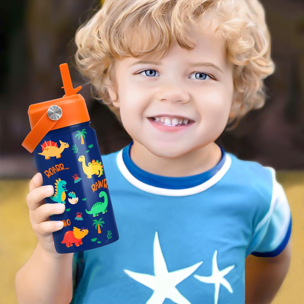 Skiennix Dinosaur Water Bottle - 12 Oz Insulated Stainless Steel with Straw Lid | Perfect for Kids' Sports & School