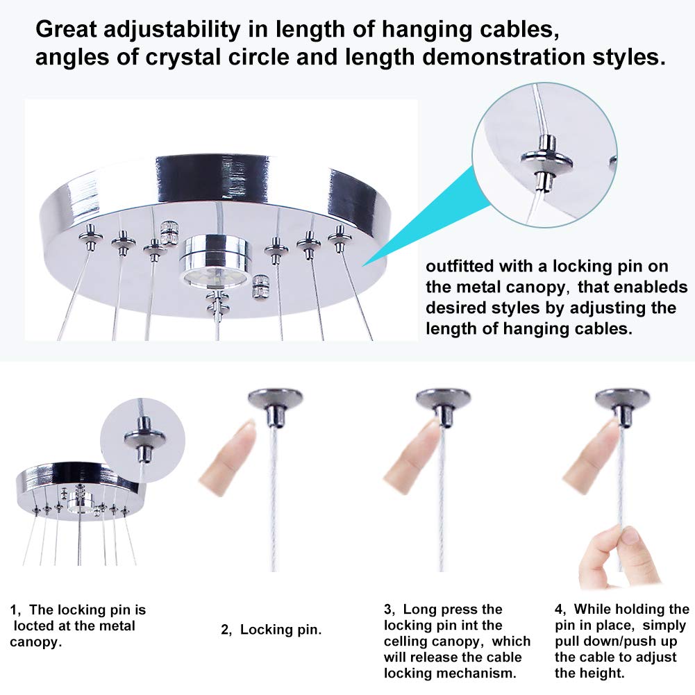 xychfantligh Modern 3 Ring Round Crystal Chandelier Adjustable Stainless Steel Pendant Lighting LED Crystal Ceiling Light Fixture for Living Room Dining Room Bedroom (Cool White)