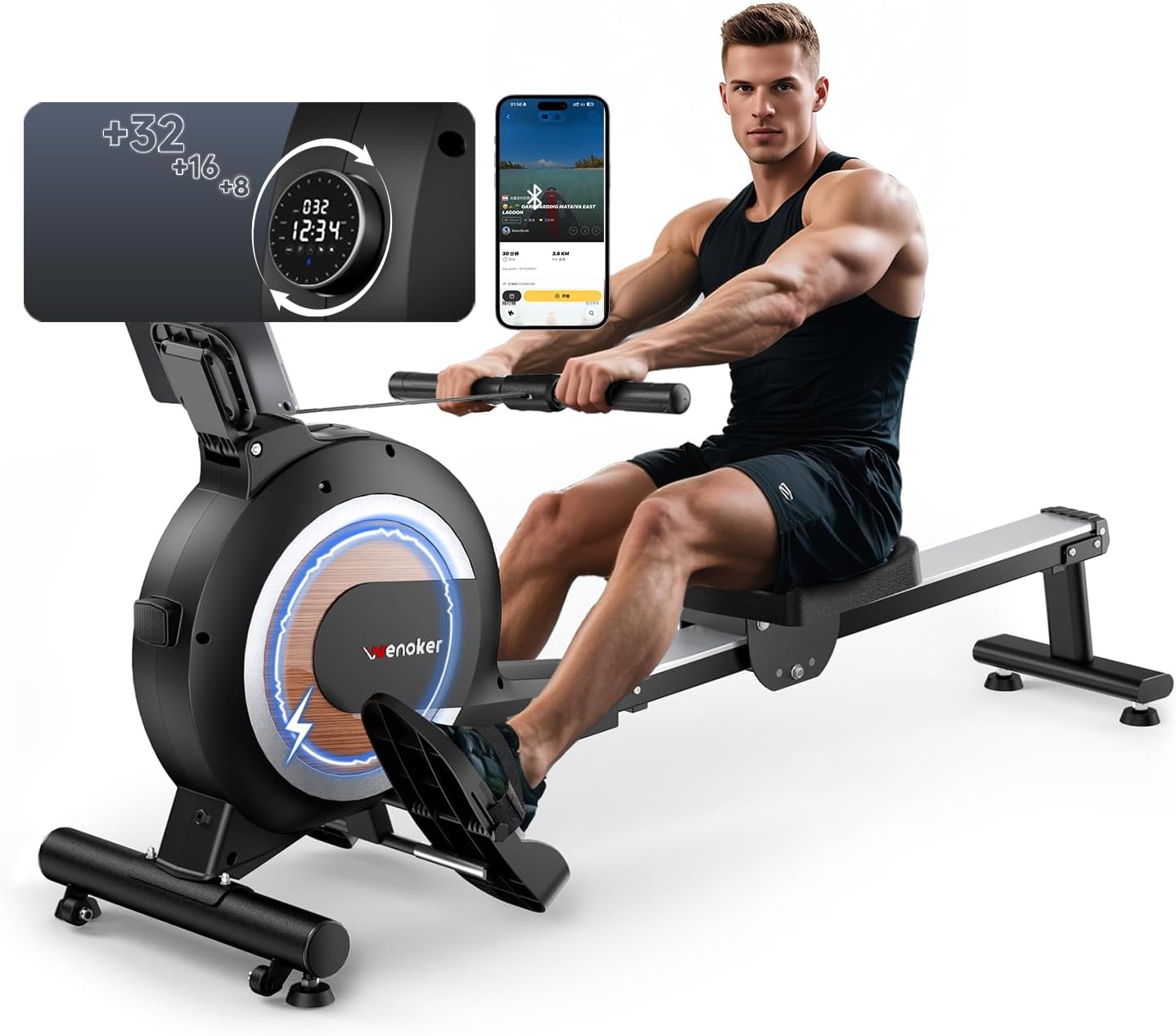 Wenoker Magnetic Rower Machine - App-Supported, 350 LB Capacity, Whisper Quiet with LCD Monitor & Comfortable Seat