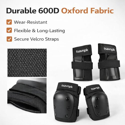 Adult Knee and Elbow Pads Set with Wrist Guards – Skateboarding Protective Gear for Adults, Adjustable Protective Pads for Roller Skating, BMX, Cycling (Black)