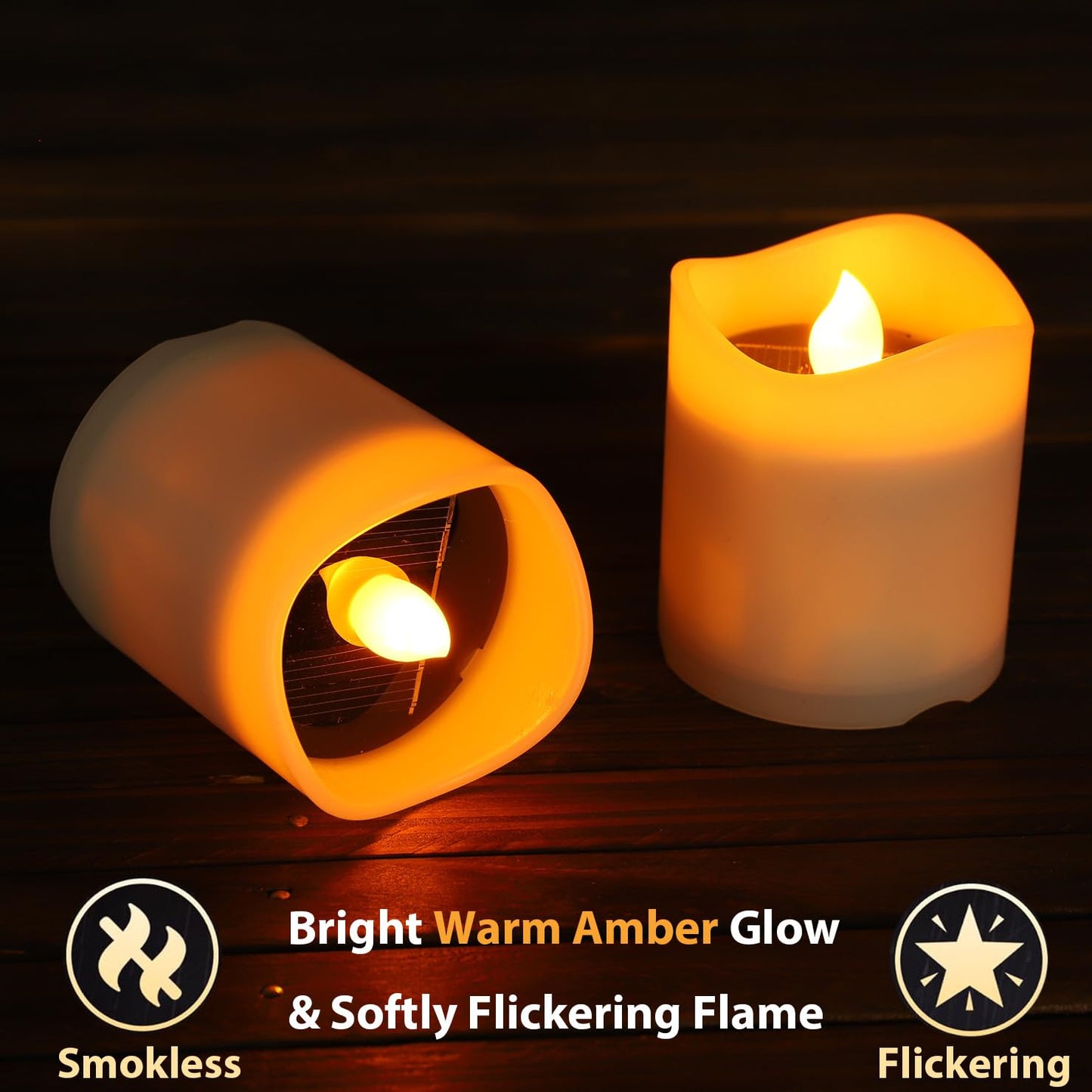 Solar Candles Outdoor Waterproof, 4pcs Rechargeable Dusk to Dawn Little Votive Candles, Flameless Flickering Solar Tea Lights for Patio Yard Deck Pathway Window Outdoor Lantern Decor(Warm Amber)