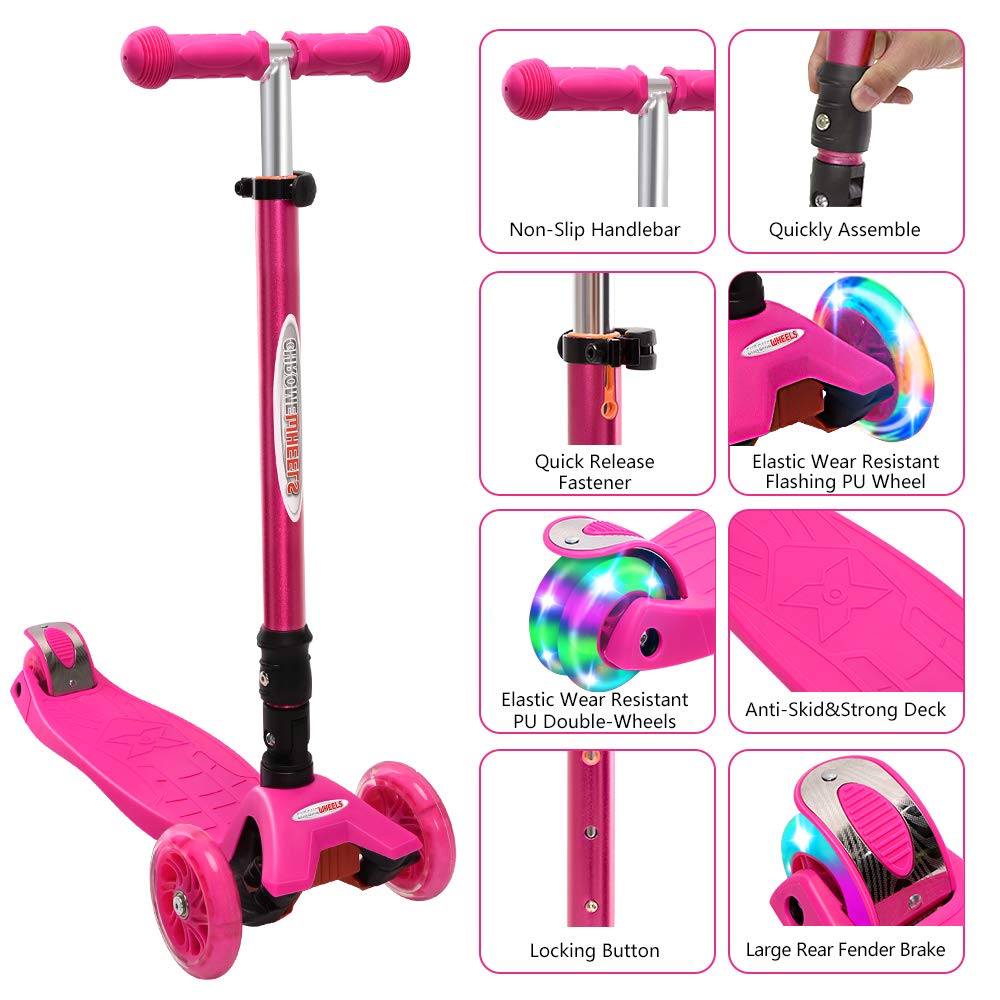 ChromeWheels Foldable Scooters for Kids, Deluxe Kick Scooter 4 Adjustable Height 132lbs Weight Limit 3 Wheel, Lean to Steer LED Light Up Wheels, Best Gifts for Girls Boys Age 3-12 Year Old, Pink