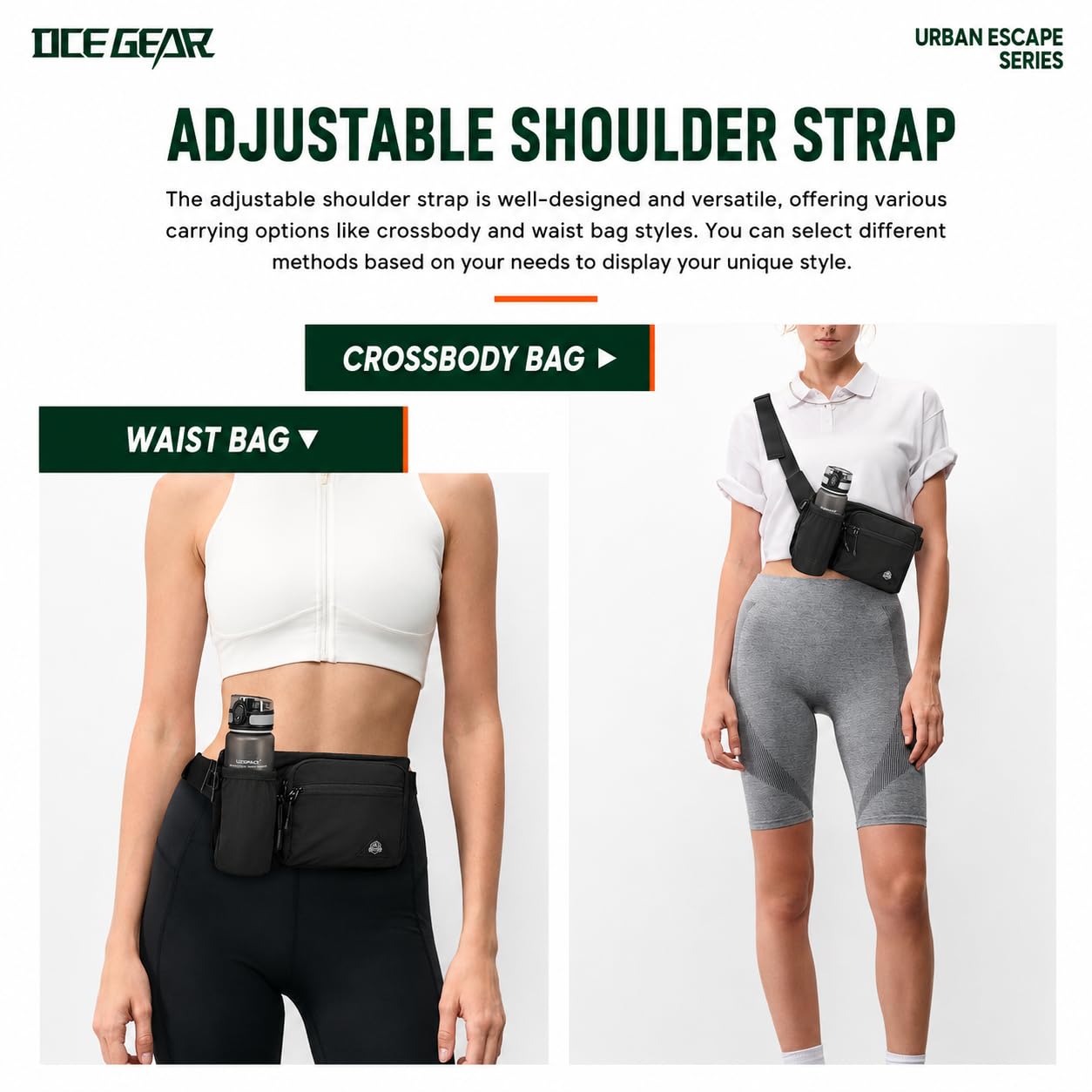 OCE GEAR Waist Pack with Water Bottle Holder for Men Women Waist Bag Running Waist Pack Waterproof for Outdoor Travel Cycling Climbing Walking Fit All Phones (Bottle Not Included)(Black)