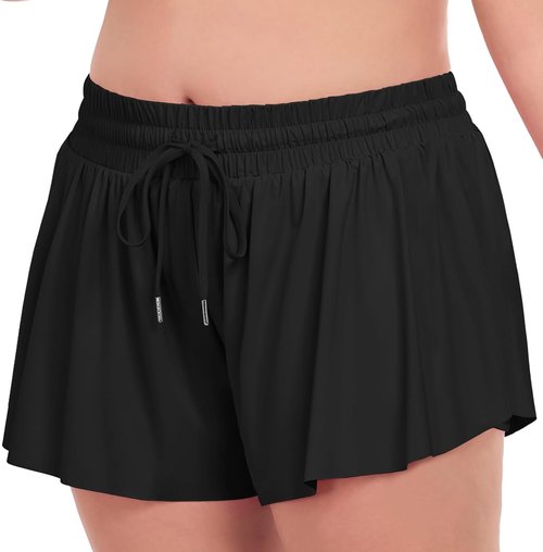 COOTRY Plus Size Flowy Athletic Shorts - 2-in-1 High Waist Butterfly Design for Summer Workouts