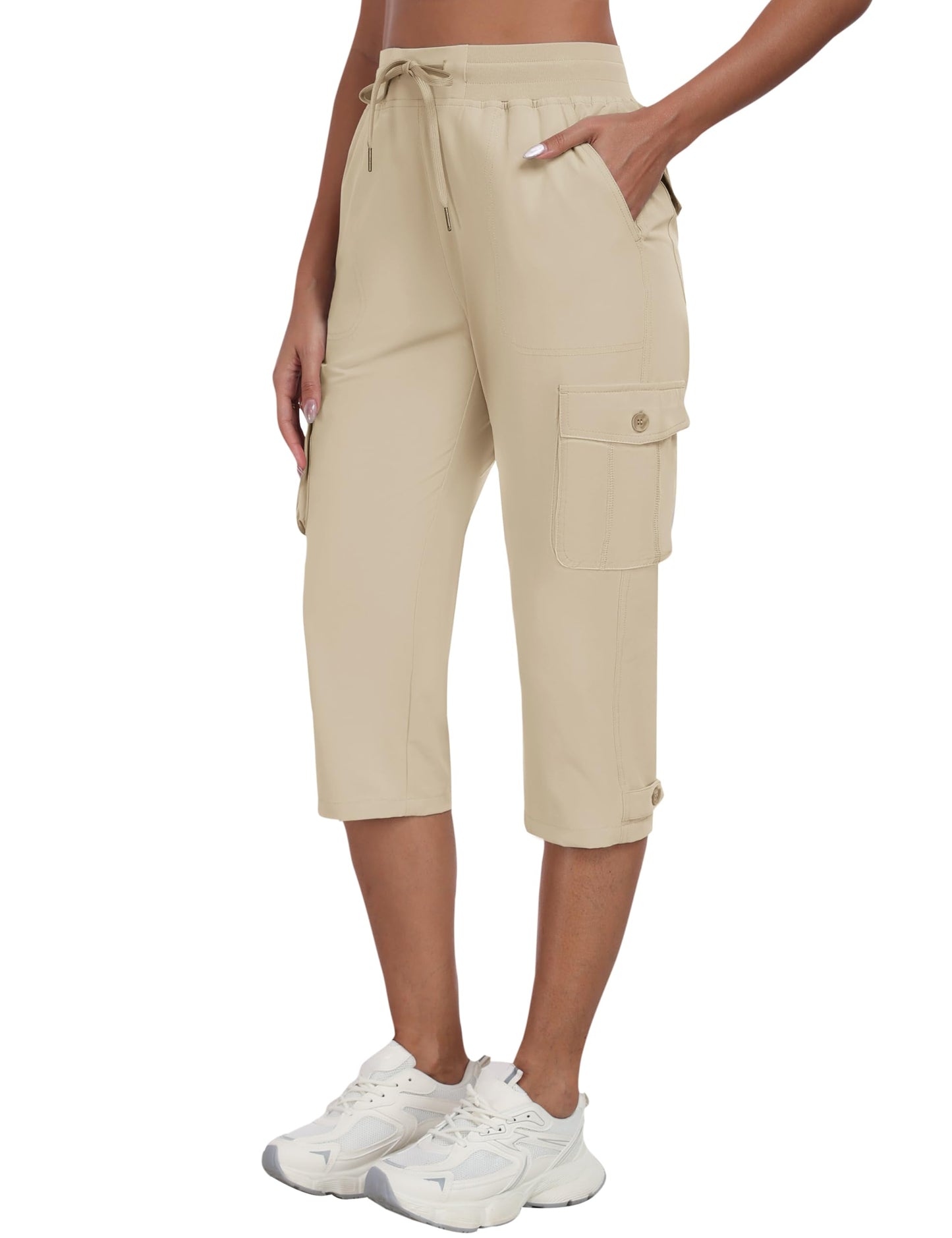 MoFiz Womens Capris with Pockets Loose Fit Casual Capri Pants Lightweight Ladies Cargo Pants for Hiking Khaki XL