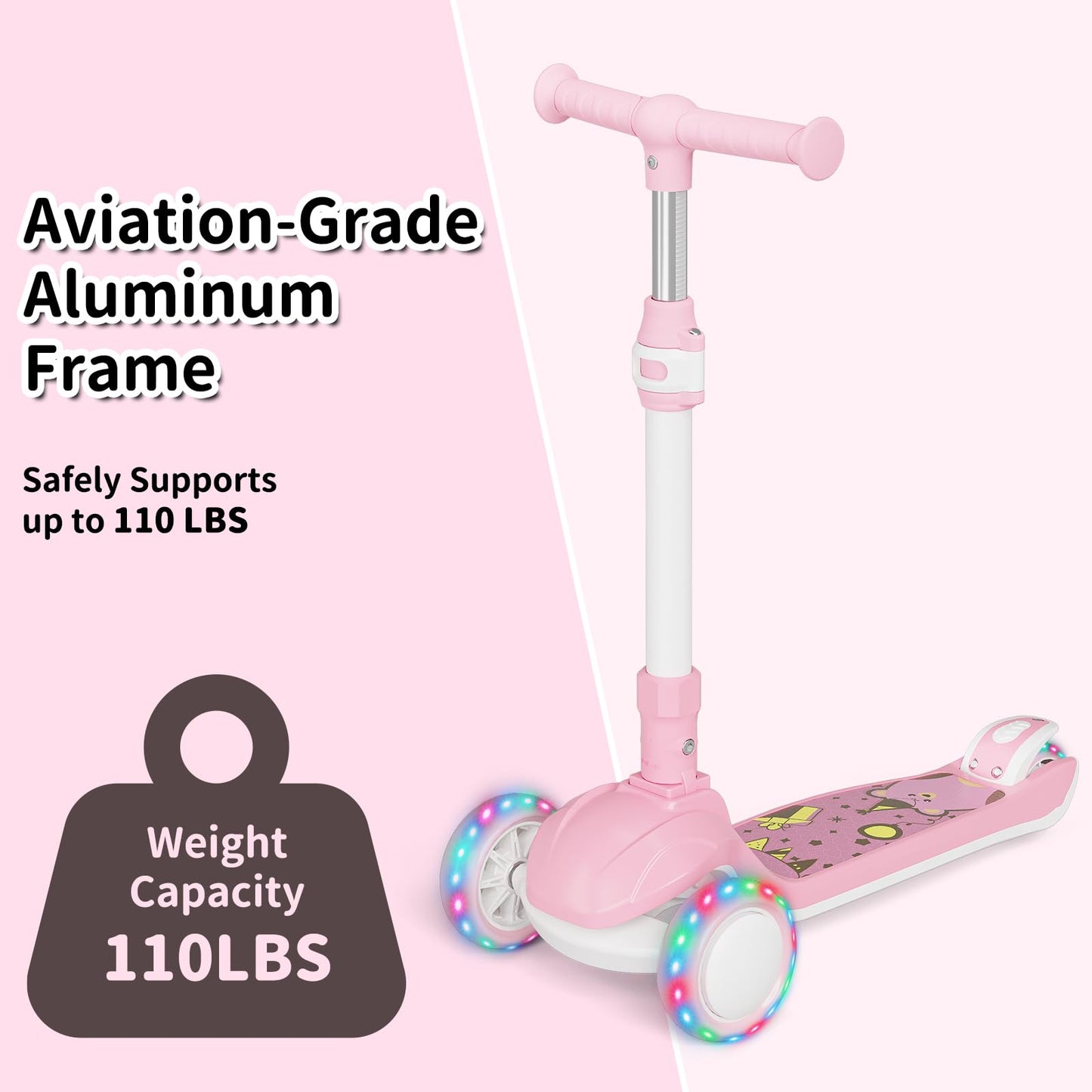 3 Wheel Scooter for Kids Ages 3+, Folding Toddler Scooter, Battery Free LED Light Up Wheels, 4 Adjustable Heights, Lean to Steer, Smooth Gliding Outdoor Ride, for Boys Girls