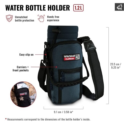 Wild Wolf Outfitters Water Bottle Holder for 40 ounce Bottles - Blue - Carry, Protect and Insulate Your Best Flask with This Carrier w/ 2 Pockets & an Adjustable Padded Shoulder Strap