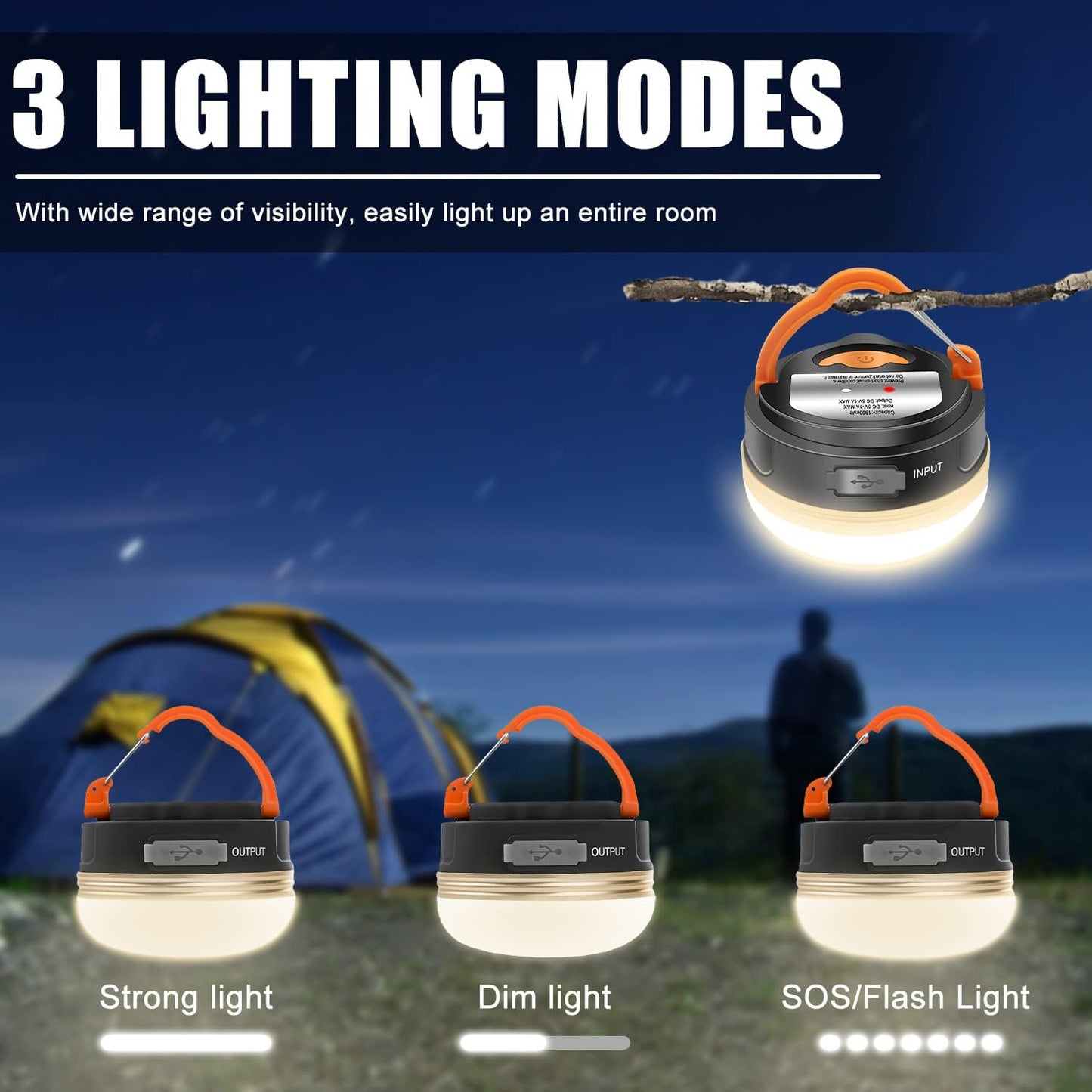 XTAUTO Rechargeable LED Camping Lantern - Portable 360° Illumination, Waterproof, 3 Lighting Modes | 1800mAh, 2-Pack