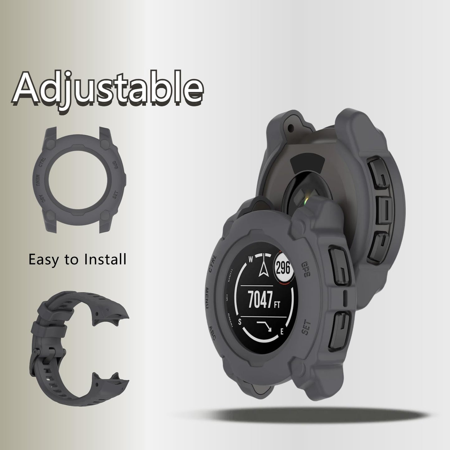 QHBAMD Silicone Watch Band Compatible for Garmin Instinct E 40mm/45mm - Soft Breathable Waterproof Strap for Men Women, Adjustable Sport Wristband with PC Case Bumper (Graphite Grey,40MM)