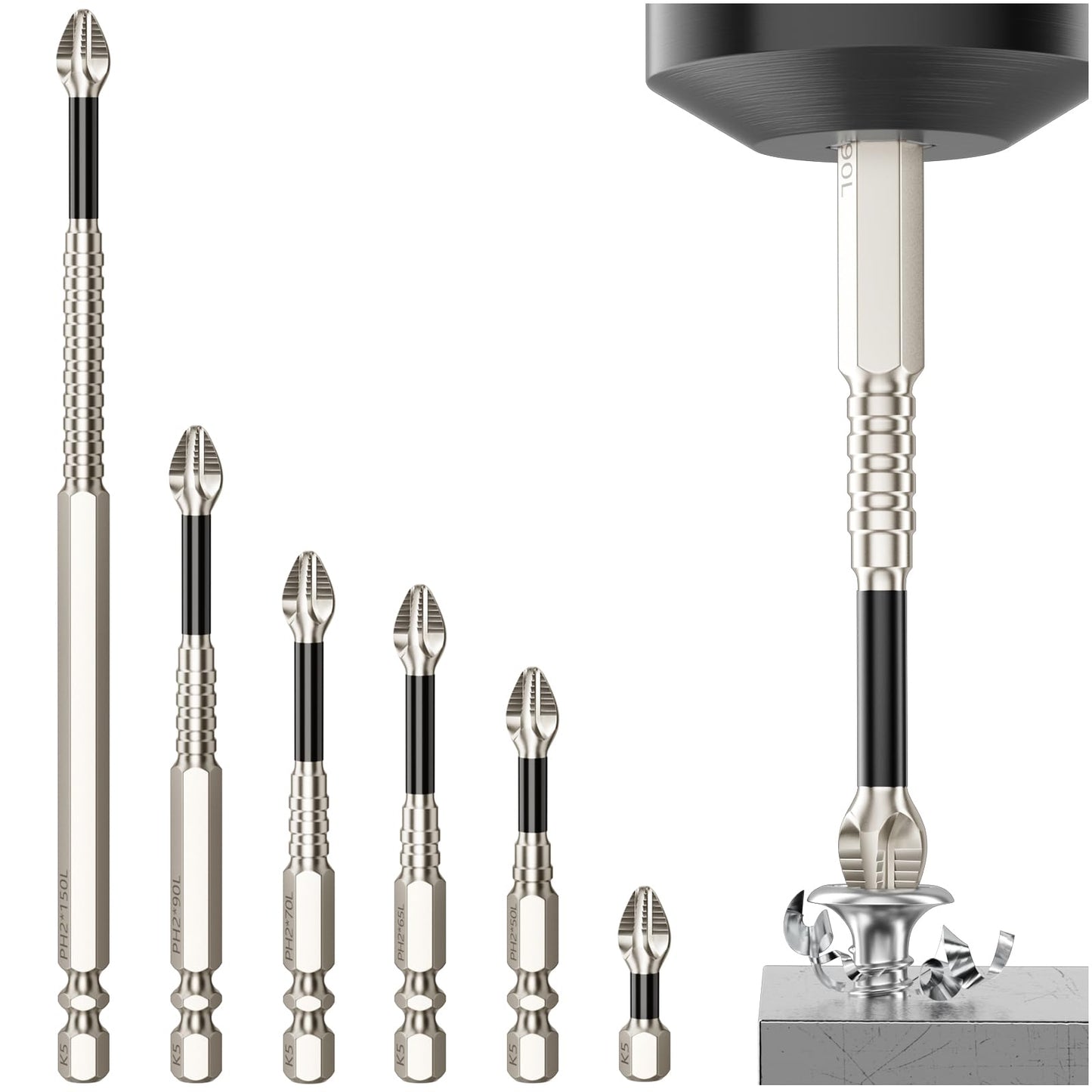 High Magnetic Screwdriver Drill Bit Set - 6pcs K5 Impact Resistant Non Slip Bit - Screwdriver Bit Set - Magnetic Screwdriver Set - 25 50 65 70 90 150mm (6pcs)