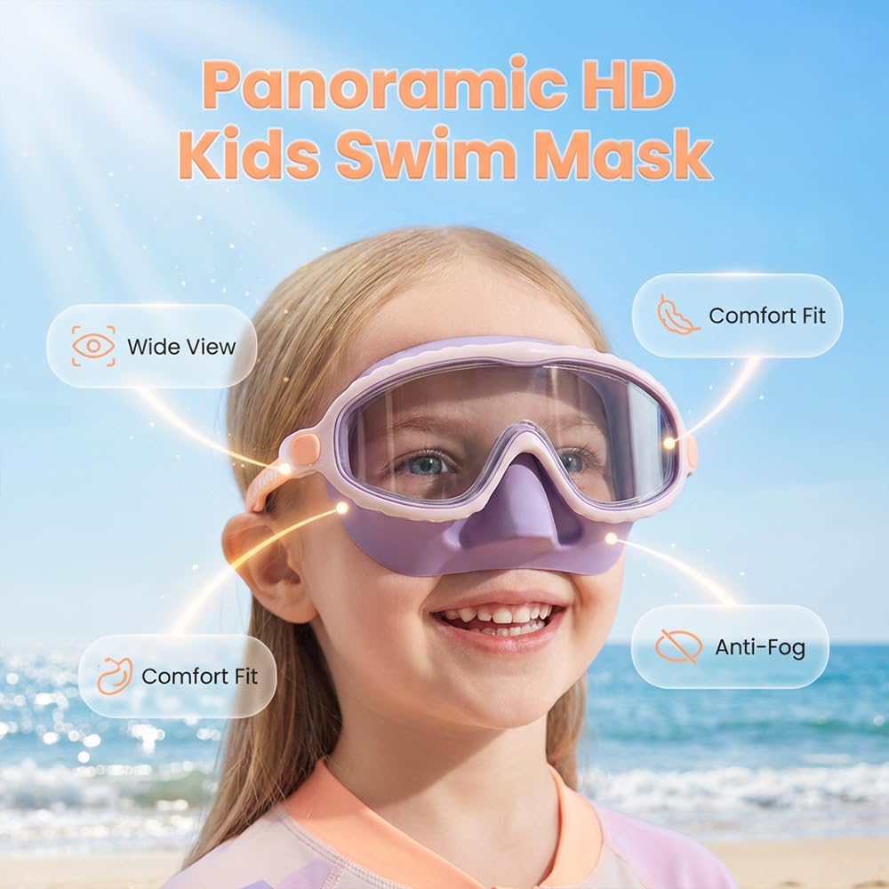 Runsgo HD Children's Waterproof Anti-Fog Swimming Goggles - Large Frame with Wide View & Nose Cover