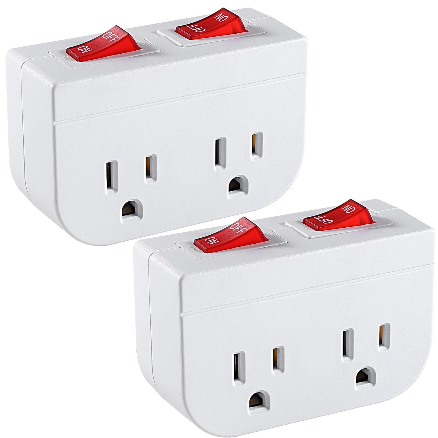 Grounded Outlet with Double ON Off Switch,VSEER 2 Port Electrical Outlet Plug Switch 15A 1875W / Wall Tap Adapter with Daul Red Indicator, ETL Listed (White 2-Pack)