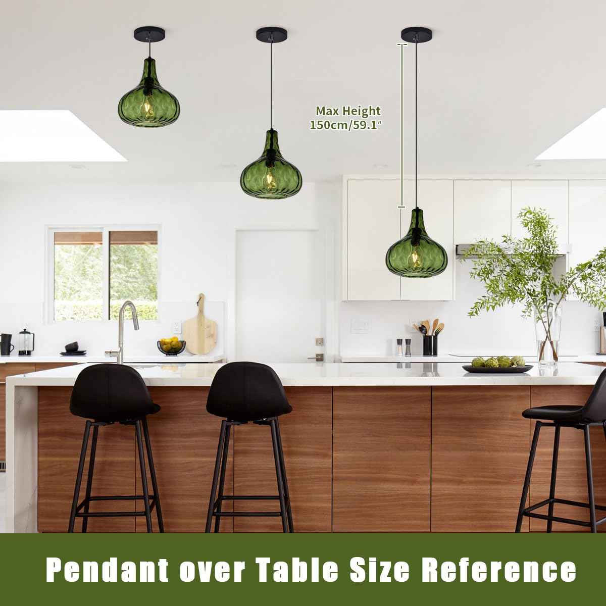 Qufute Green Glass Pendant Lighting Farmhouse Vintage Glass Globe Pendant Light Fixture, Mid-Century Modern Pendant Lamp Black Finish 9.45″ Shade for Kitchen Island Dining Room