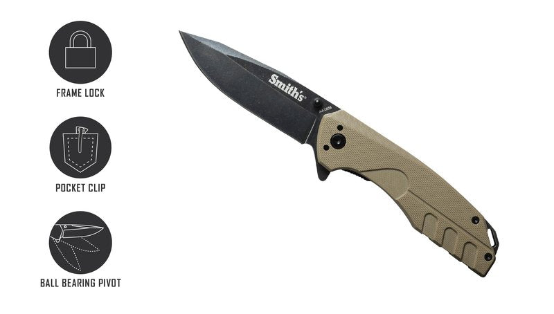 Smith's 50995 Battleplan Pocket Knife – Tan – 3.35” Stainless Steel Lock Back Blade – Easy Open Flipper – Everyday Carry Work, Military, Hunting, Outdoor – Straight Edge Tactical Knife – Foldable