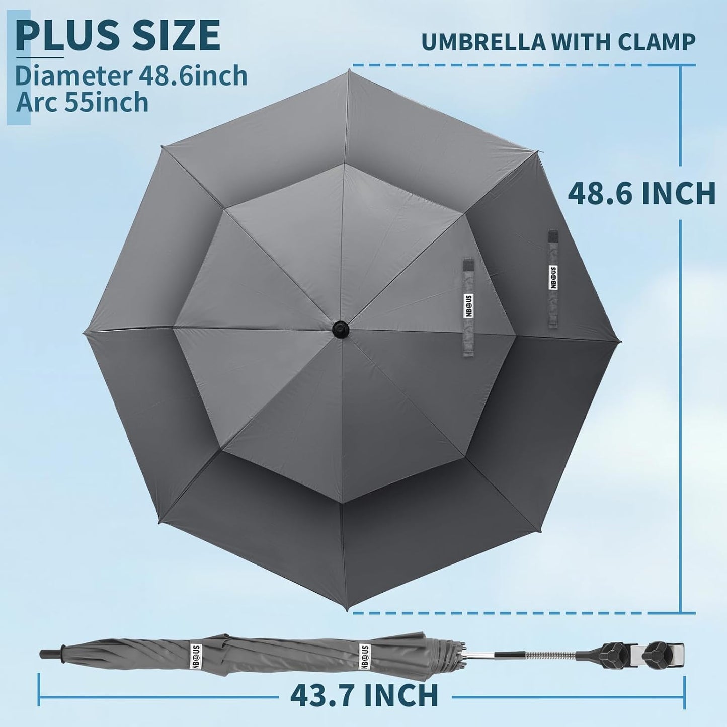 Skiennix 48.6" Double Canopy Beach Umbrella - UPF50+ Portable Clamp Umbrella for Wheelchairs & Golf Carts
