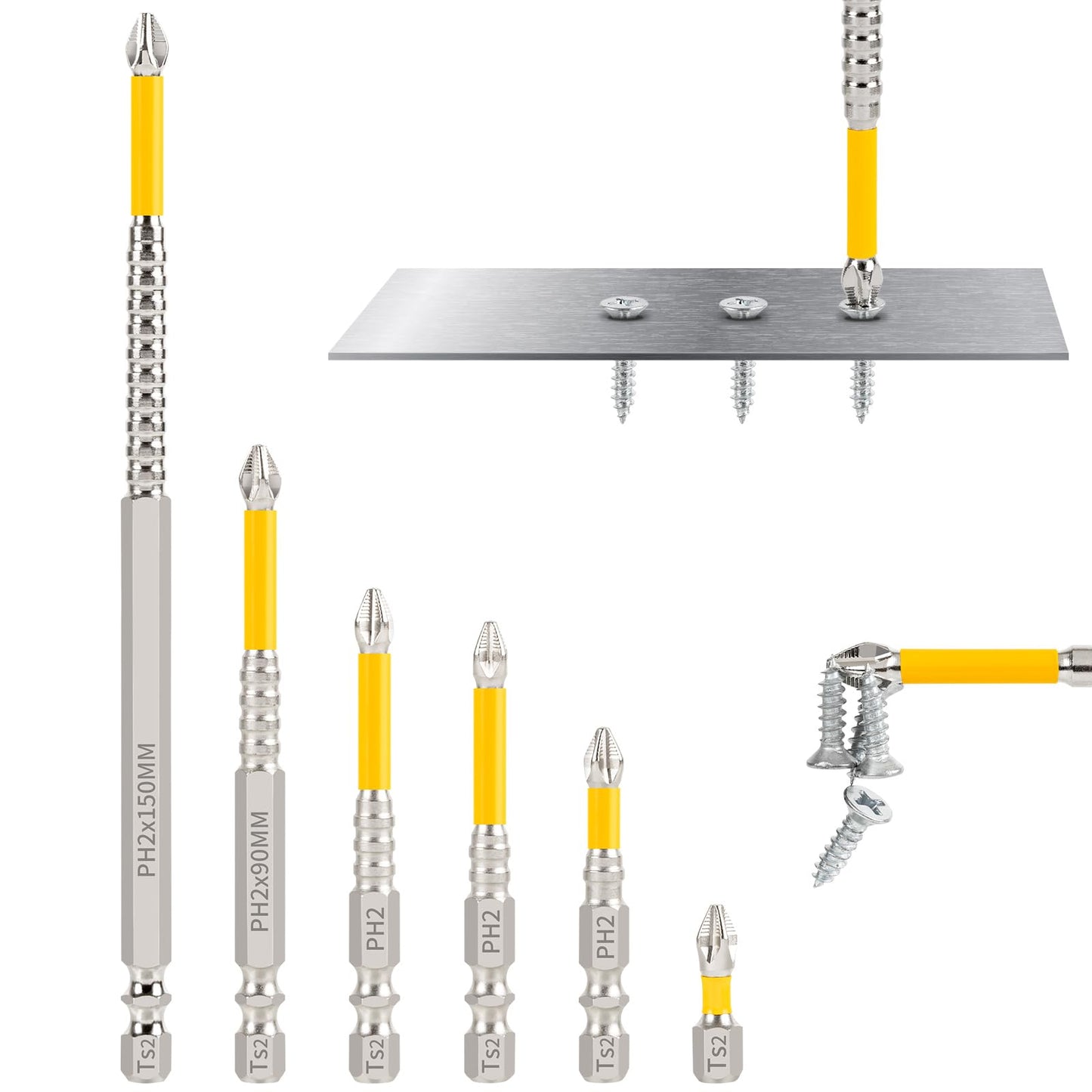 LIVREO High Magnetic Screwdriver Drill Bit Set, K5 Impact Resistant Non Slip Bit, Strong Magnetic Drill Bit Set, Anti-Slip Magnetic Electric Screwdriver Set, 25 50 65 70 90 150mm (6Pcs)