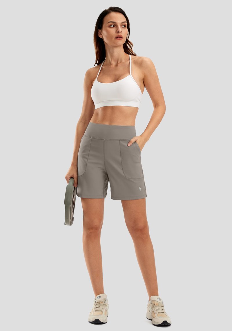 SANTINY Women's 6'' Athletic Long Shorts with 4 Pockets High Waisted Bermuda Shorts for Women Walking Running Casual (Light Khaki_M)