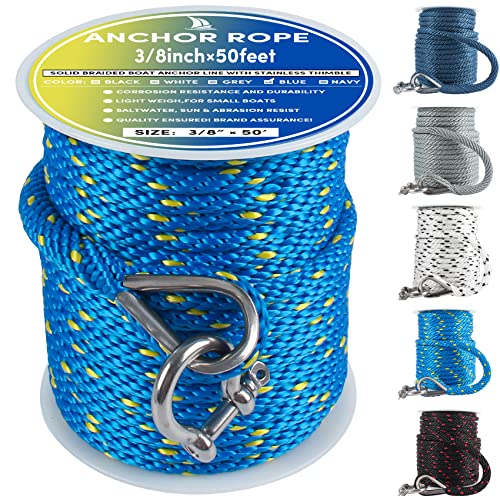 VEITHI 50 ft Blue/Yellow 3/8 Inch Marine Anchor Rope Solid Braid MFP with Thimble & Shackle
