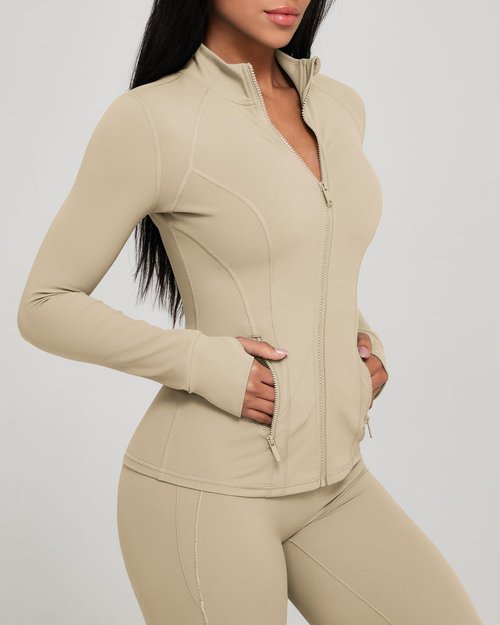 GYM RAINBOW Workout Jackets for Women Athletic Running Gym Yoga Jacket Lightweight Full Zip Slim Fit Sports Tops Thumb Holes Pockets(Oxford Tan,Medium)