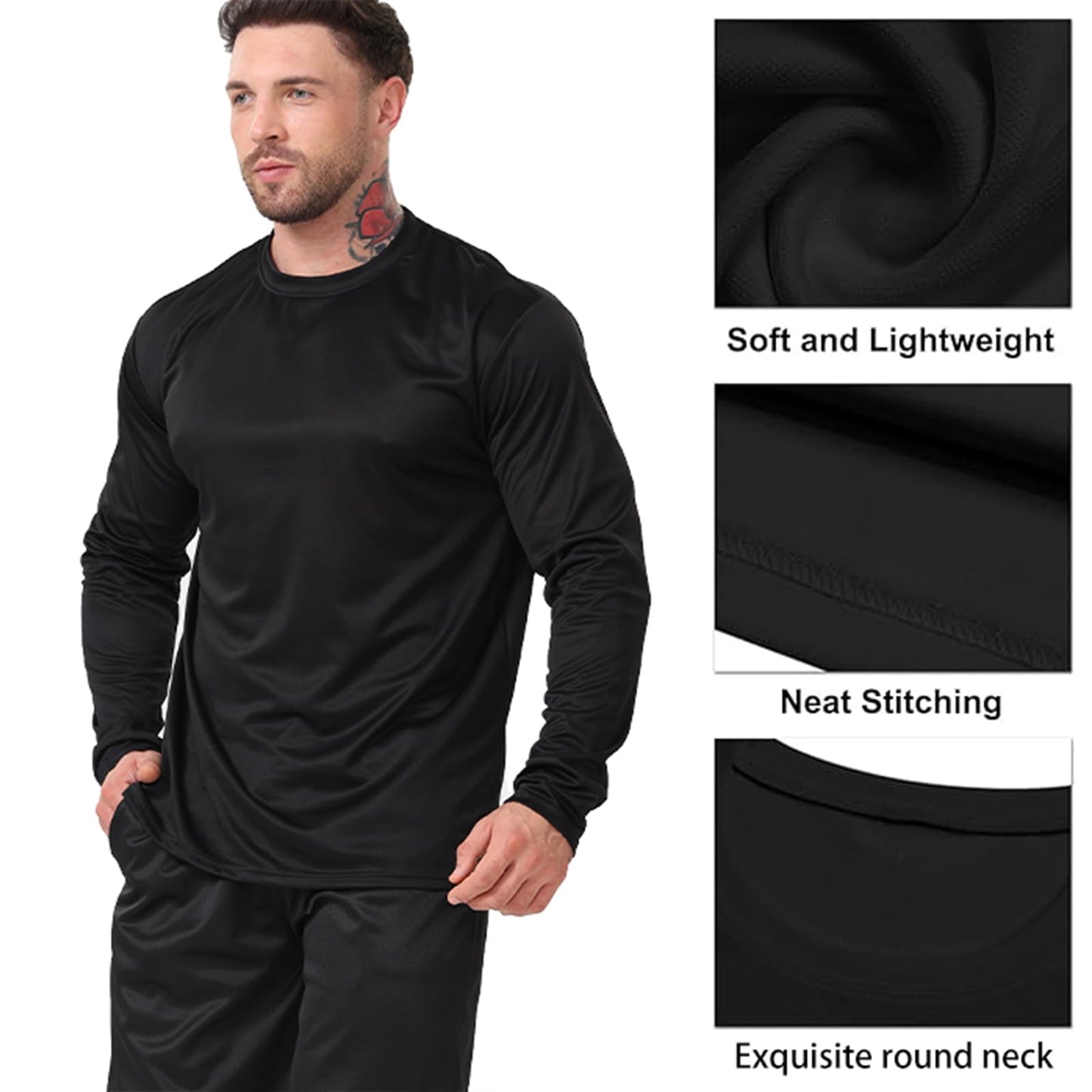 Tmoklfpcd 10 Pack Long Sleeve t Shirt for Men Mens Tee Shirts Workout T Shirt for Running Quick Dry T-Shirts (Black - 10-piece,Large)