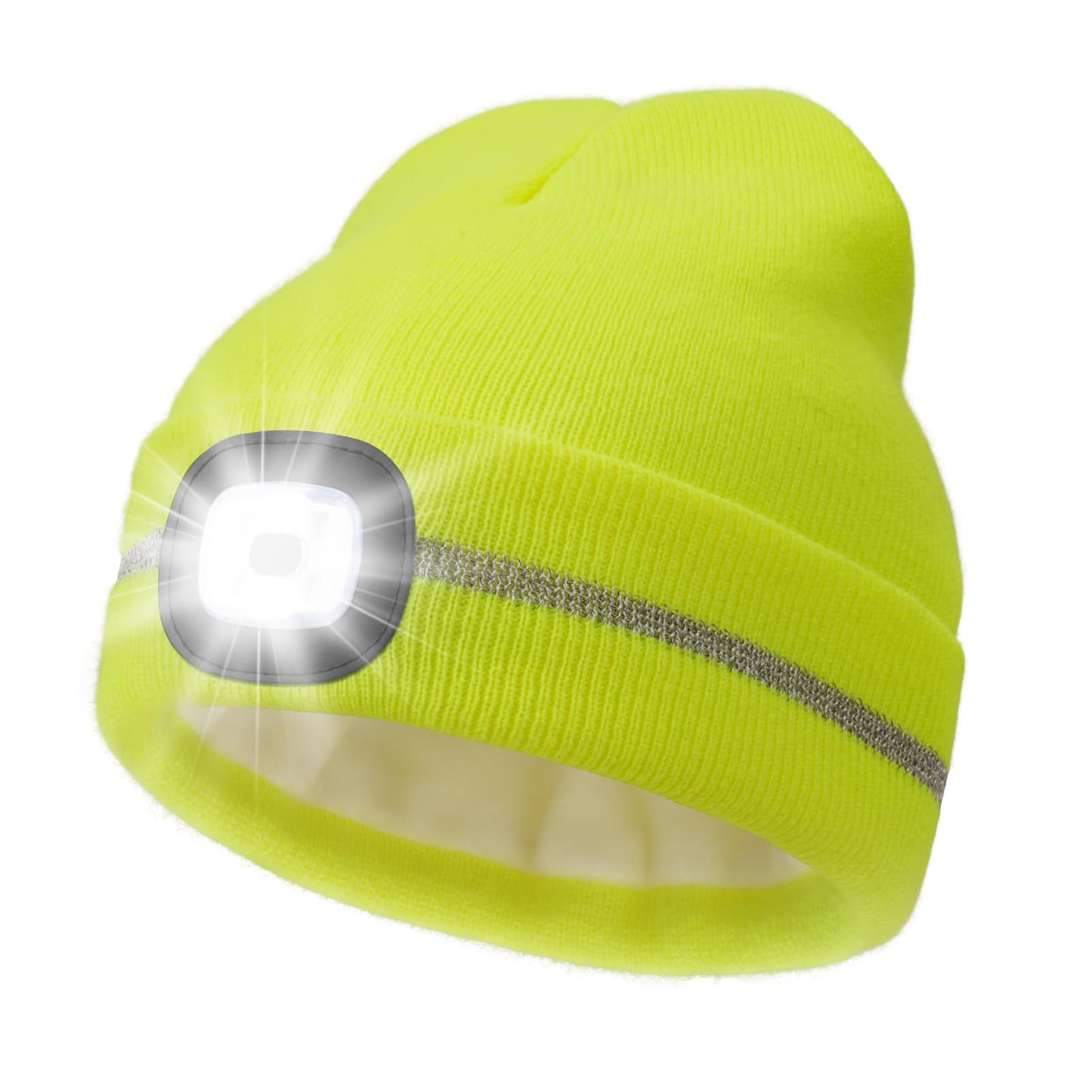 MELASA Fleece Lined Reflective Stripe Hat with Light, USB C Rechargeable Safety High Visible LED Beanie Suitable Outdoor Work Running Gifts for Men Dad Father Fluorescent Yellow