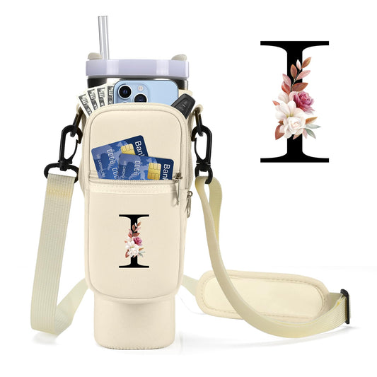 GOEWY Initial I Water Bottle Carrier Bag for Stanley 40 oz Tumbler with Handle Adjustable Strap Phone Pocket Neoprene Water Bottle Pouch for Stanley Cup Accessories