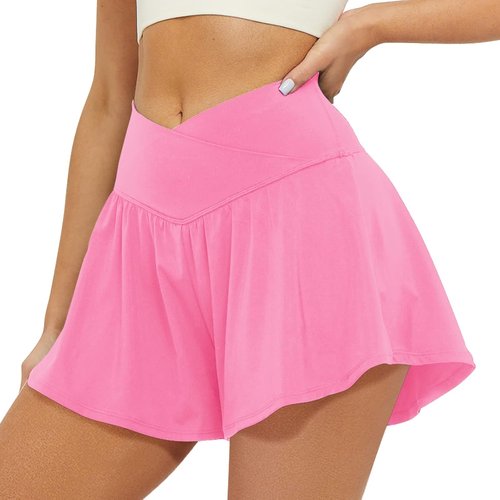 FireSwan Women's Crossover Athletic Shorts - 2-in-1 Flowy Running Skorts with Pockets & Spandex