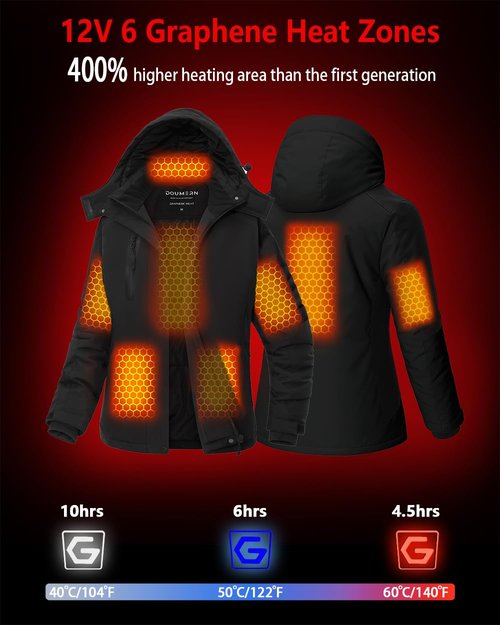 Graphene Heated Jacket Women Rechargeable Battery Pack 18400 mAh Winter Warming Waterproof Electric Heating Coat with Detachable Hood, Black2025, M, Mom Grandma Sister Girlfriend Birthday Gift