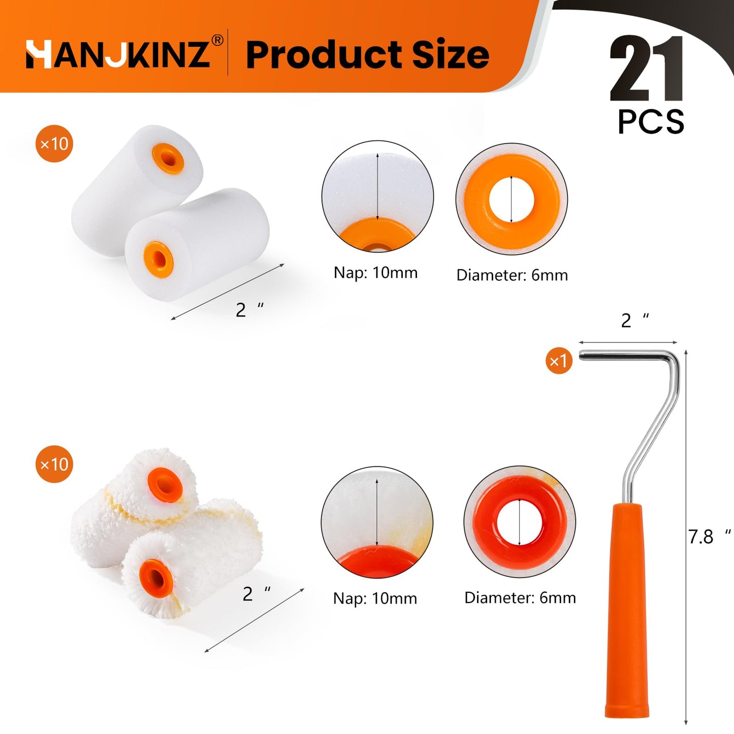 HANJKINZ 2 inch Paint Roller Kit, 20 Pack Small Paint Roller Set with High Density Foam Paint Roller and 3/8" Nap Microfiber Covers, Touch Up Mini Paint Rollers for Wall, Door, Cabinet, Craft