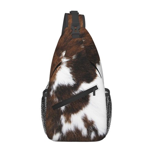 LOSTORCHI Cow Print Crossbody Sling Bags Spotted Cow Fur White and Brown Animal Skin Texture Sling Backpack for Women Men Casual Shoulder Bag Farmhouse Animal Skin Travel Gym Sports Hiking Daypack