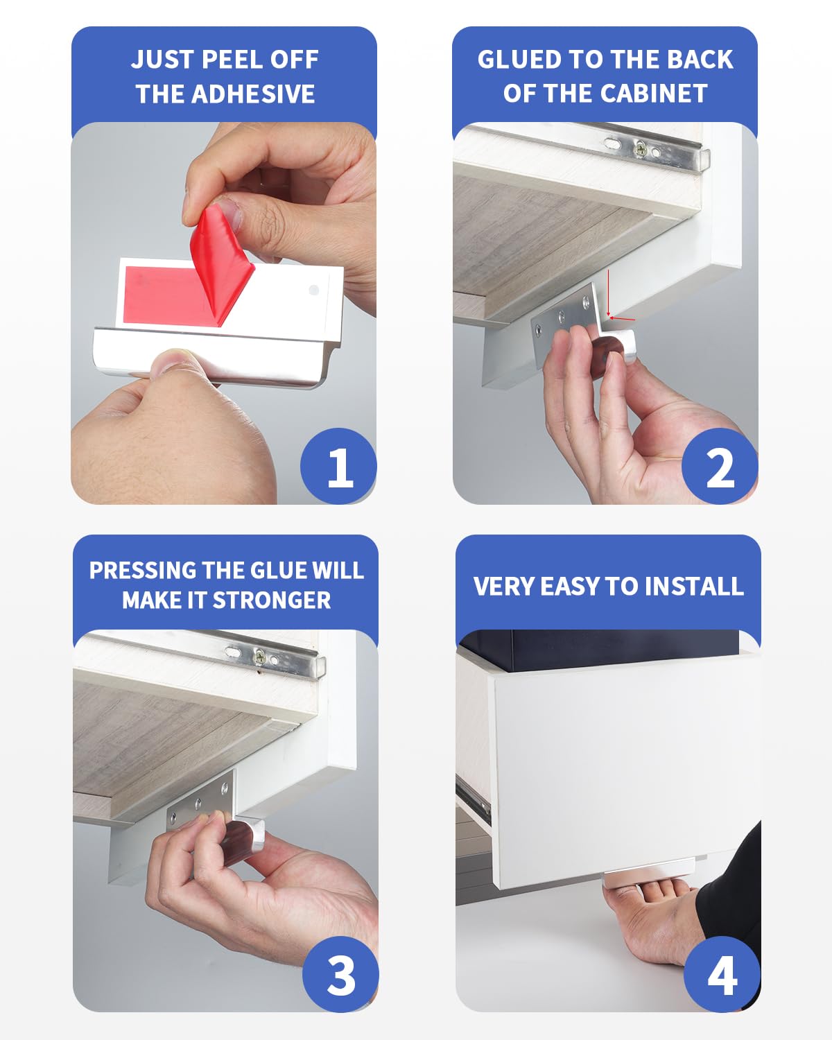 BaiNong Adhesive Touchless Foot Pulls for Cabinet Trash Can Silvery 4'' Touchless Hands Free Trash Opener for Overlay Kitchen Cabinet Door Bins