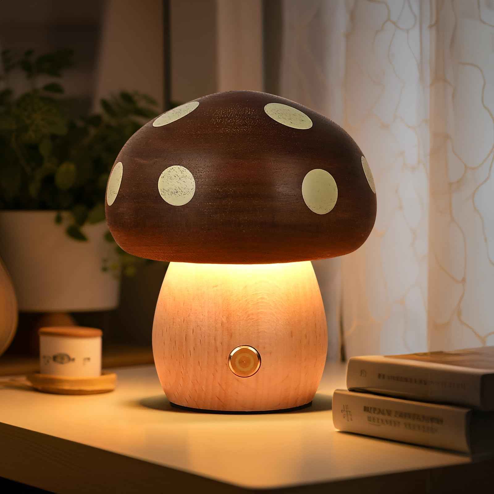 LONRISWAY LED Wooden Mushroom Lamp, Rechargeable Battery Operated Portable Cordless Touch Switch Small Lamp, Stepless Dimming Night Light for Birthday Gifts