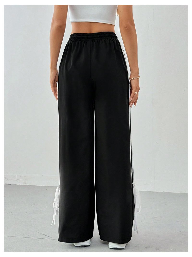 WDIRARA Girl's Side Striped Wide Leg Track Pants Bow Elastic High Waist Sweatpants Black Black 11 Years