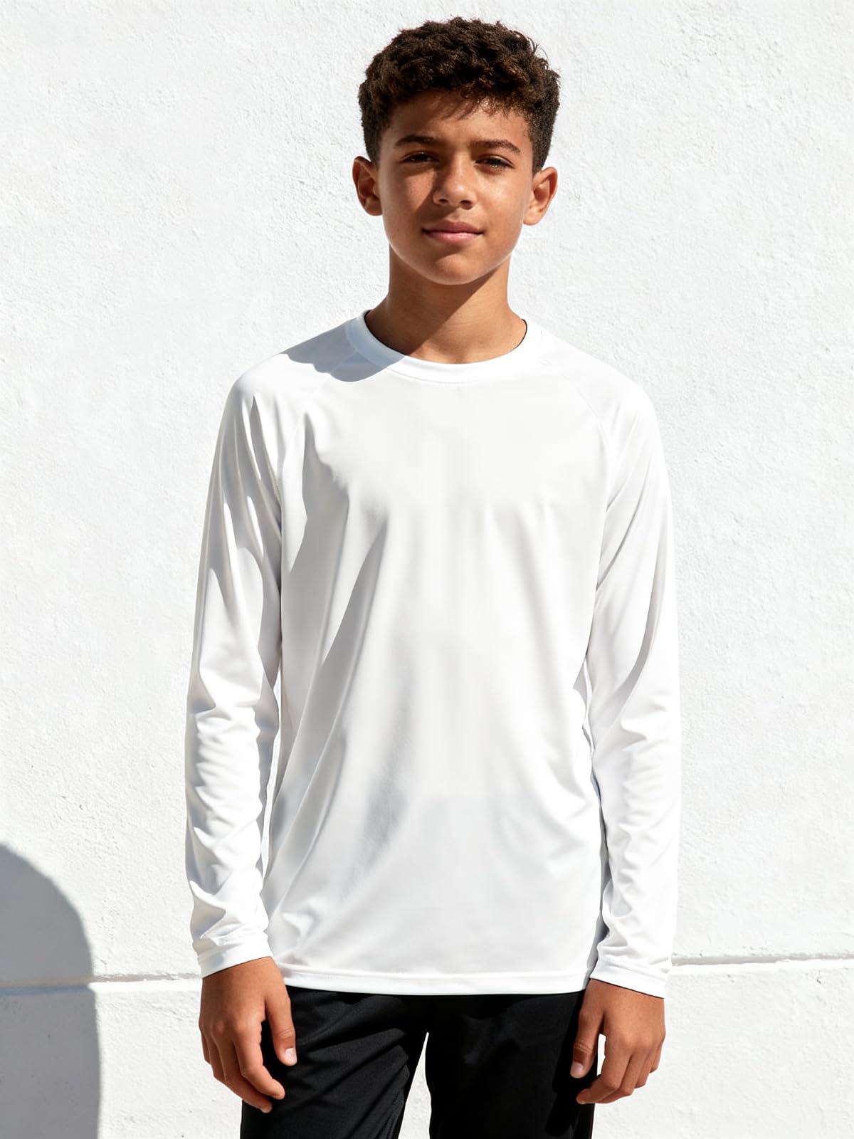 Silenroar Boys Athletic Shirts Long Sleeve, Active T-Shirt Moisture Wicking Crewneck Dry Fit Tee Outdoor Running Tshirt(White,10-12)