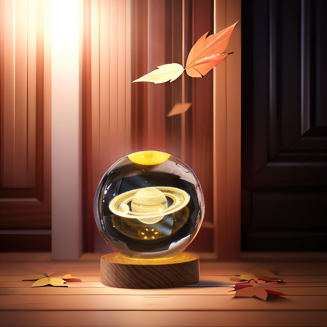 KAZETEC 3D Saturn Crystal Ball Night Light with LED Stand, Saturn Planet Figurine Lamp Decoration Glass Sphere Paperweight Decorative Balls,Suitable as Night Lights Bedroom Decorations(3.15 in,80mm)