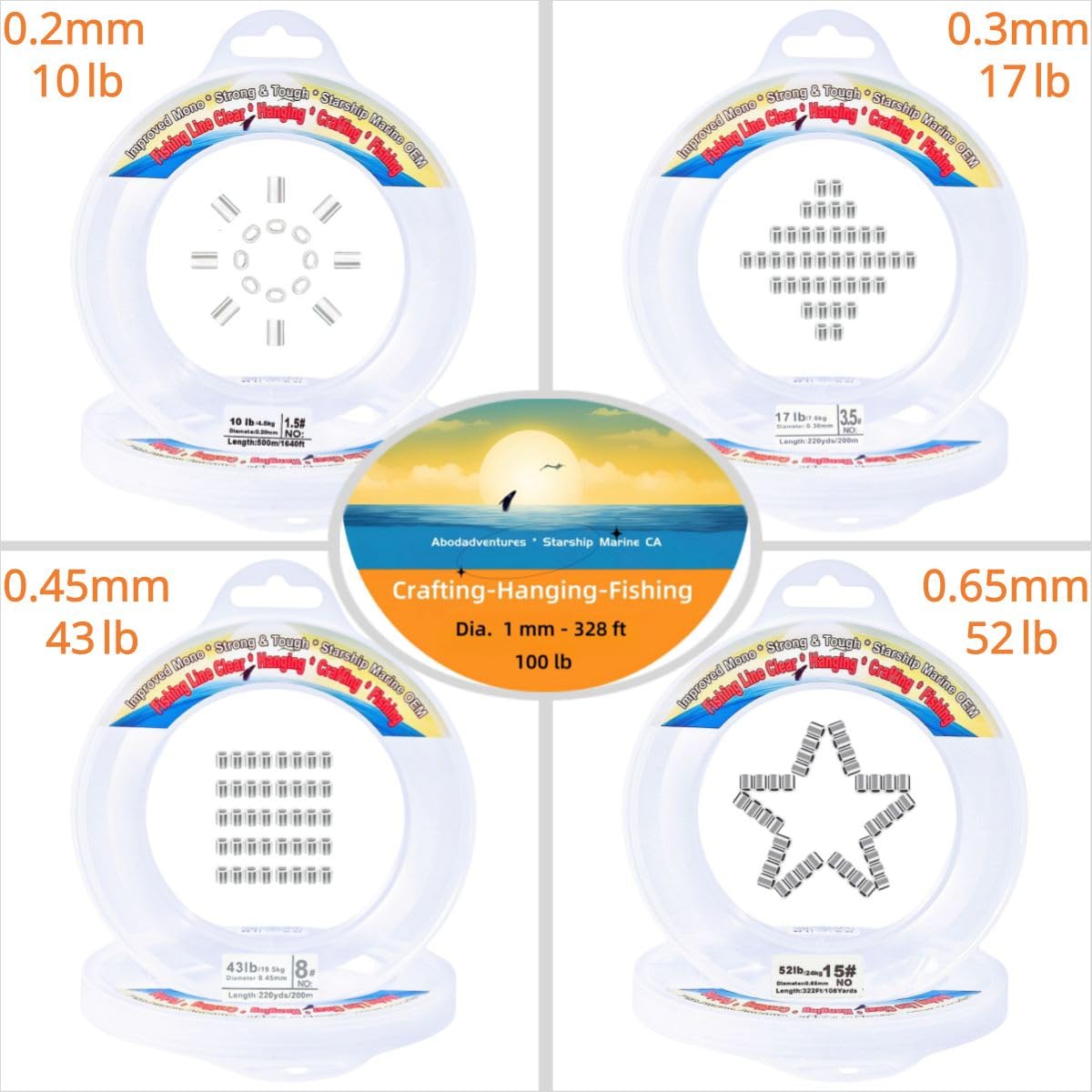 Aboda Clear Fishing Line 0.2-1 mm, Strong Invisible Nylon Fishing Wire 8-100 lb Test Includes Crimp Sleeves, Clear String for Hanging Decorations Balloons Garlands Beading Crafts & Jewelry