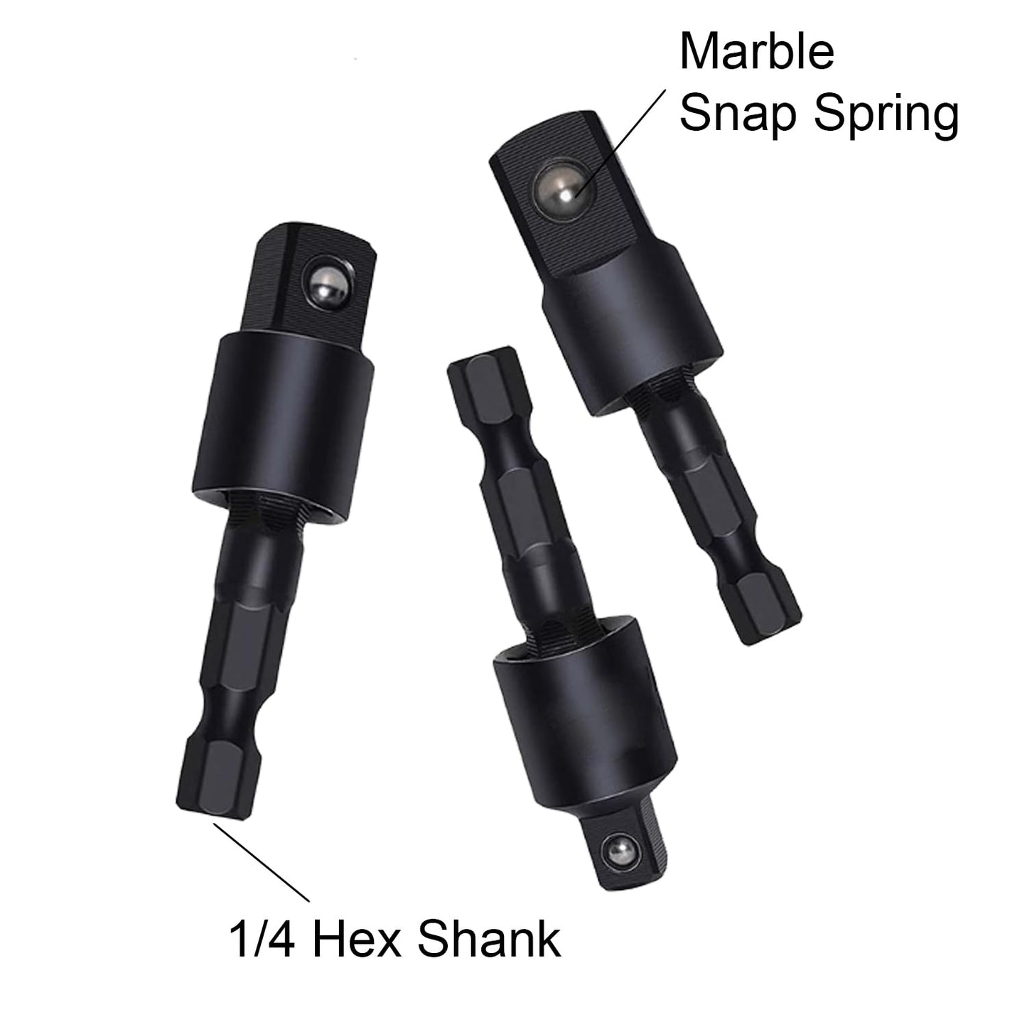 4-in-1 Impact Drill Bit Extension Set with a 105° angle screwdriver bit, right angle drill adaptor, and 360° rotatable socket adapters for 1/4", 3/8", and 1/2" sizes