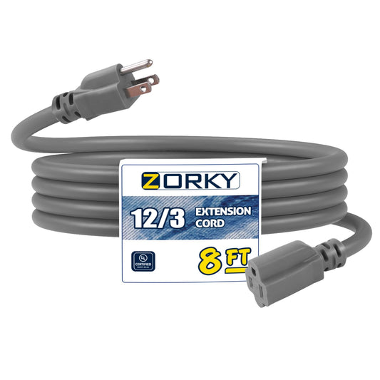 Zorky 8ft Indoor Outdoor Extension Cord - 12/3 SJTW Heavy Duty Extension Cable with 3 Prong Grounded Plug for Safety -15Amp 1875W Gray Electric Cord Great for Garden, Appliances