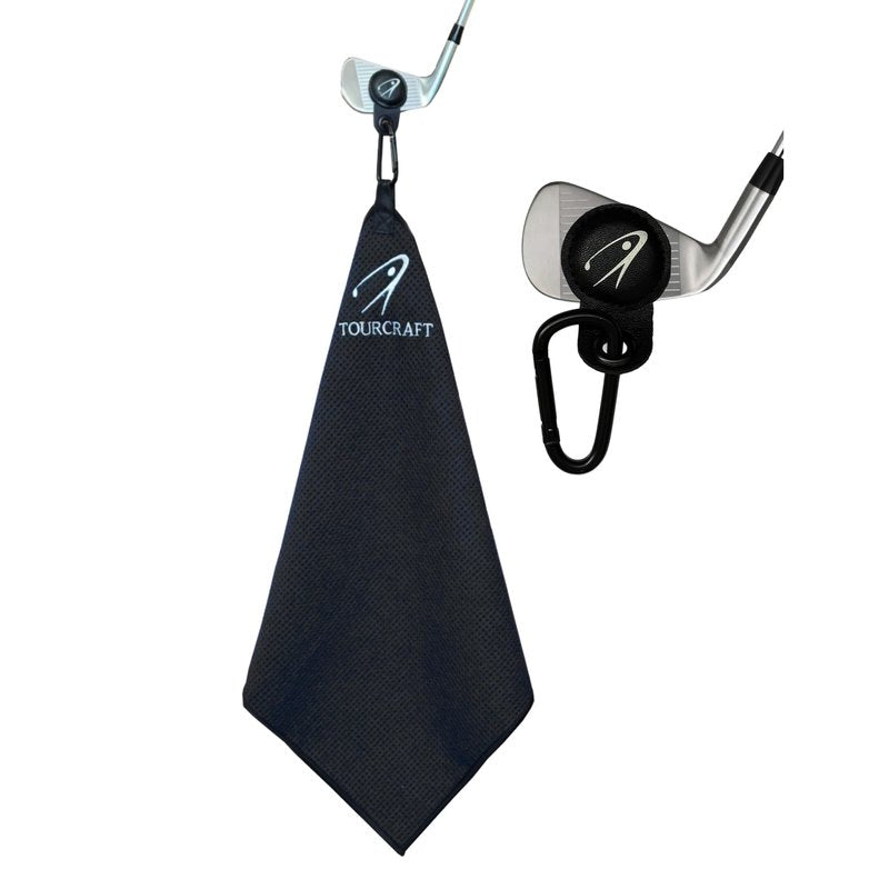 TourCraft Magnetic Golf Towel for Cart or Clubs – Super-Absorbent Waffle Microfiber, Quick-Dry Design with Strong Magnet & Clip, 18x18 (Black)