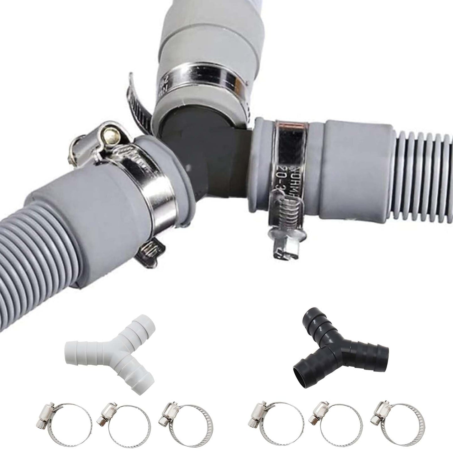 2 Pack Universal Washing Machine Drain Hose Y-Shaped Reducer - Fitting, Hose Splitter, Plastic Connector for Split Pipe Connection, Three-Way Adapter with Hose Clamps for Bathroom and Kitchen Use