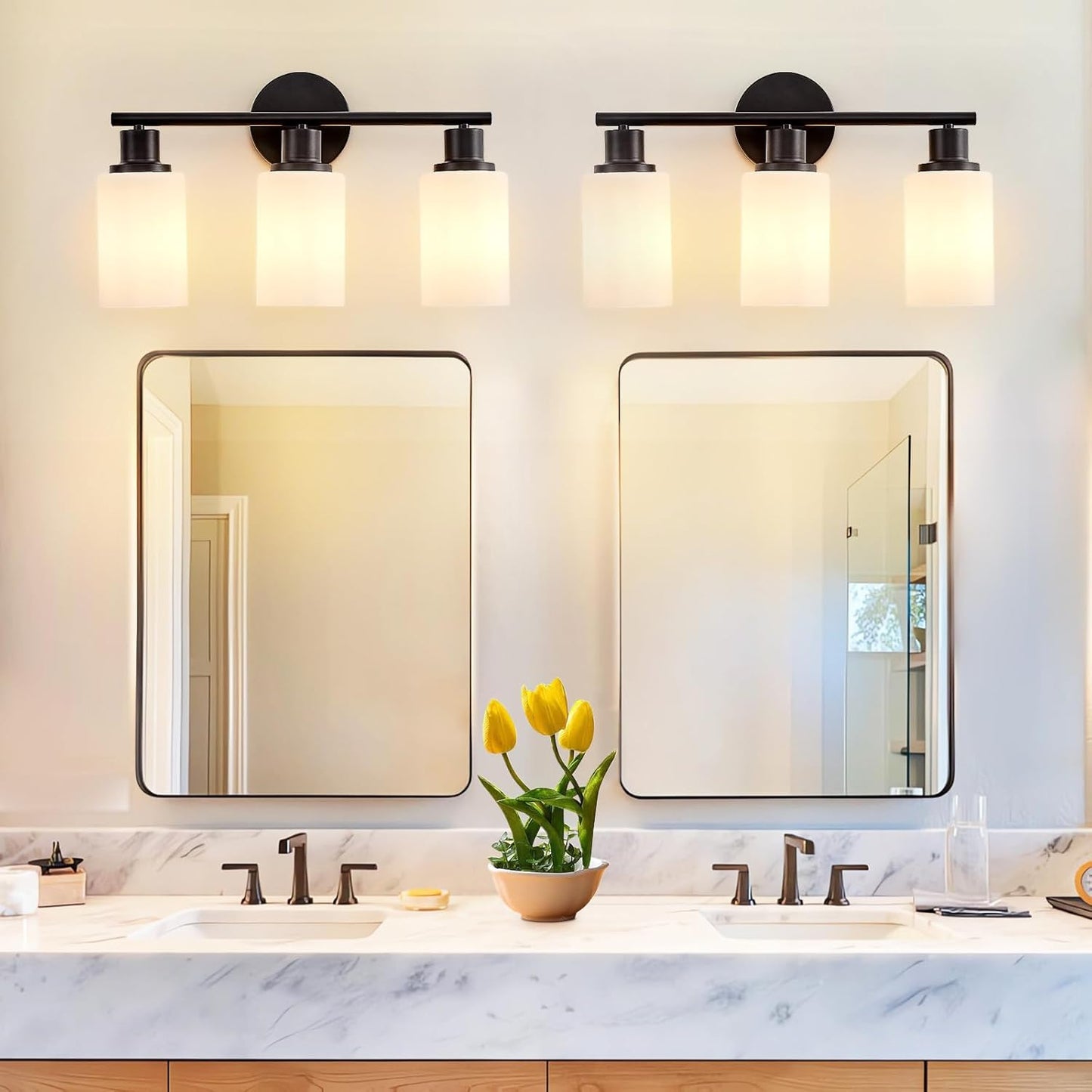 Modern Black 3-Light Bathroom Vanity Light Fixtures with Clear Glass Shades - 2 Pack