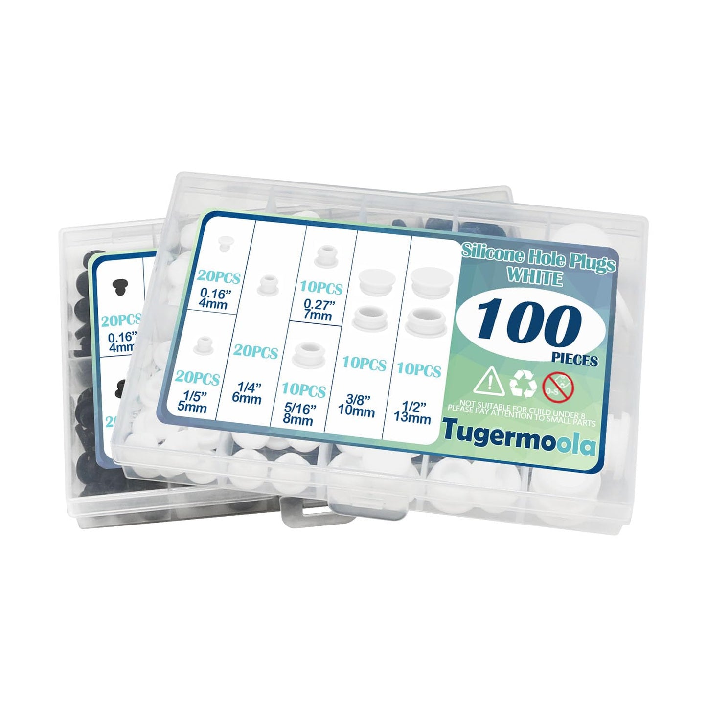 Tugermoola 100PCS 7 Sizes Rubber Hole Plugs Assorted for Round Holes 1/5" 1/4" 5/16" 3/8" 1/2" Silicone Plug Black