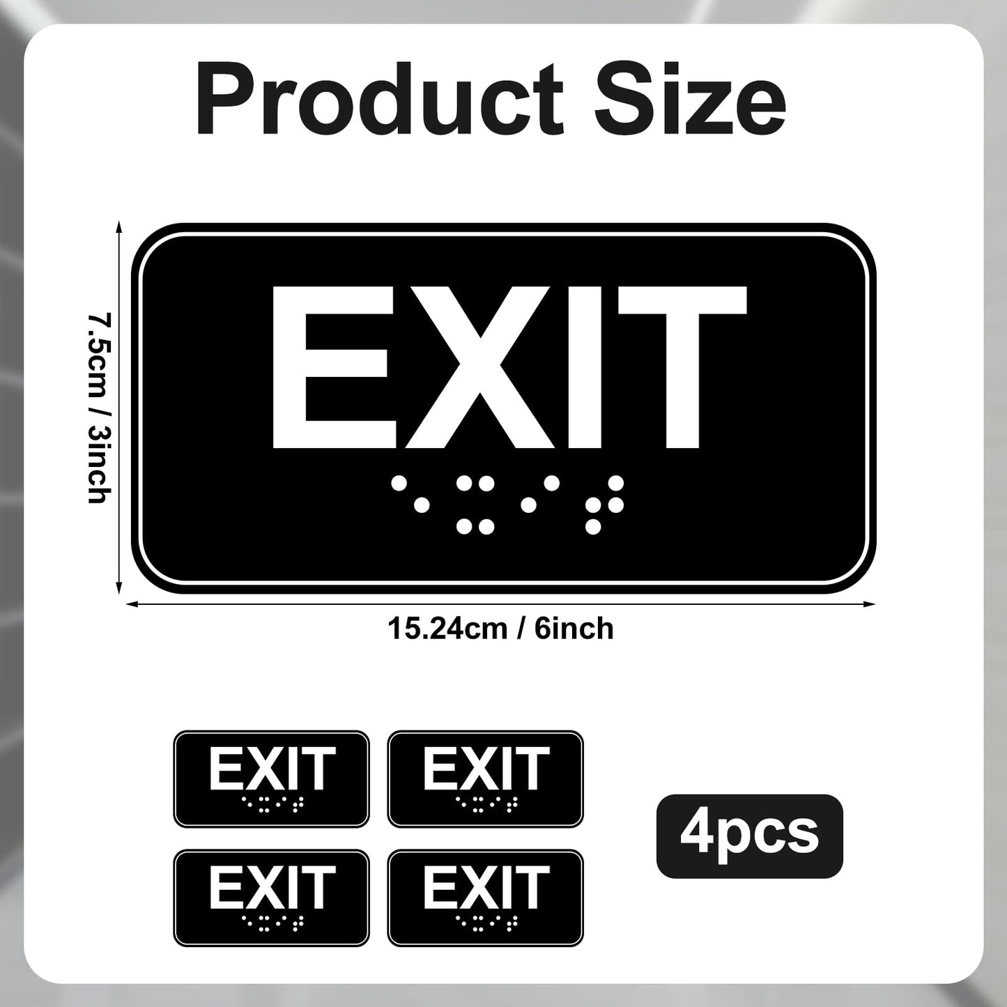 4pcs Exit Sign with Braille, 6x3in Emergency Exit Sign for Business ADA Compliant Plastic Exit Warning Signage with Adhesive Mounting Strips for Indoor Outdoor Office