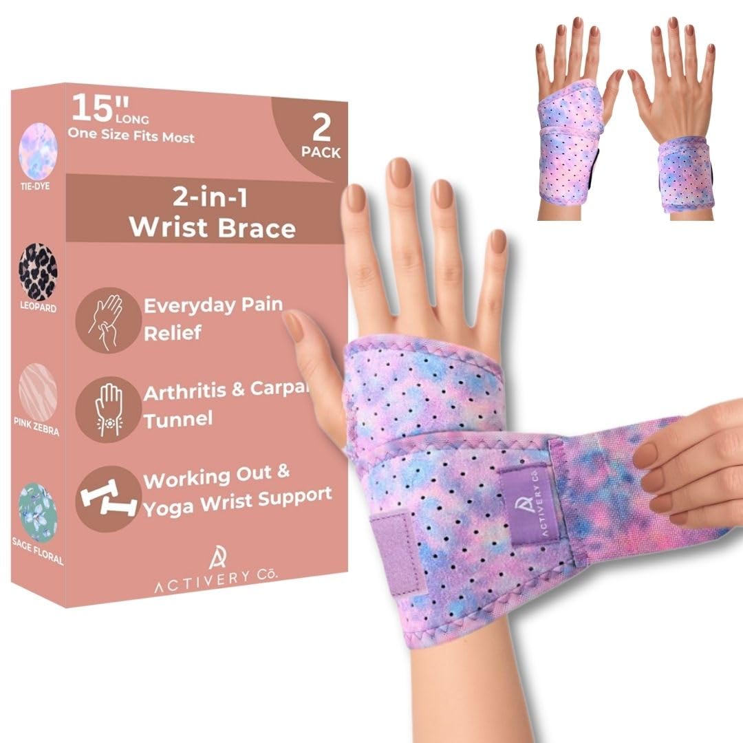 Activery Co. Carpal Tunnel Wrist Brace Left Hand, Right Hand for Women, Day or Night Compression Wrist Support Brace for Fitness, Keyboard Use, or Overnight Support, 2 Pack, Purple Tie Dye Print