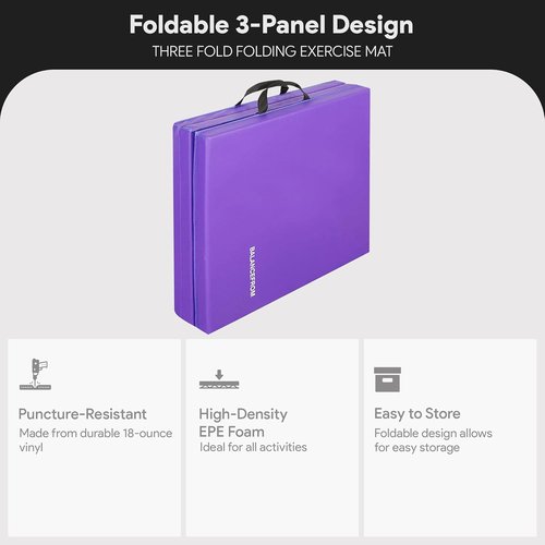 BalanceFrom Folding Gymnastics Mat - 6x2 Feet, 2-Inch Thick Vinyl Pad with Carrying Handles for Home Workouts | Yoga, Pilates, Tumbling, Martial Arts
