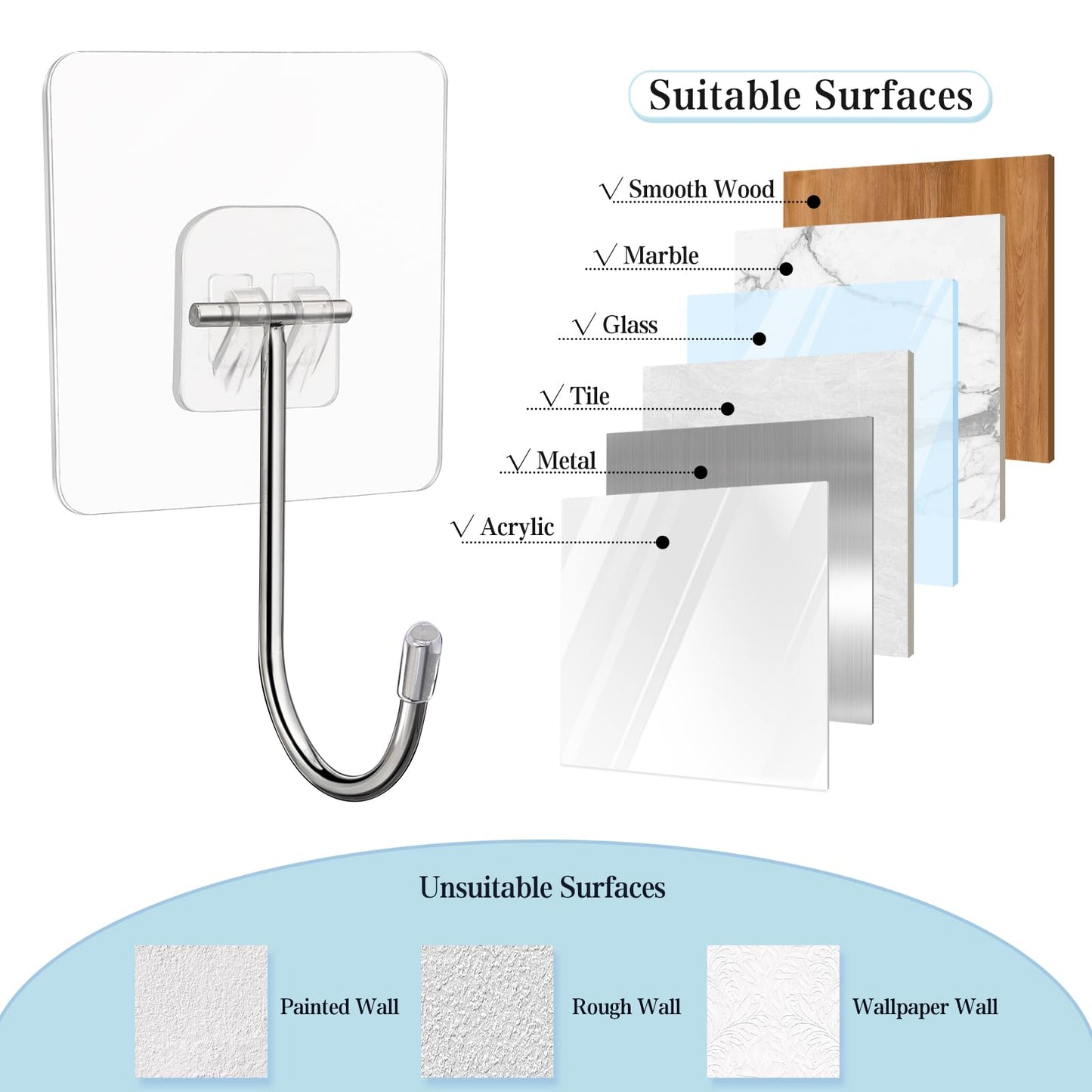 20 Pack Large Adhesive Hooks for Hanging Heavy Duty 44 lb(MAX) Christmas Fall Halloween Wreath Hangers Ornament Hooks Sticky for Wall No Damage Towel Picture Key Shower Siding Stocking Garland Strips